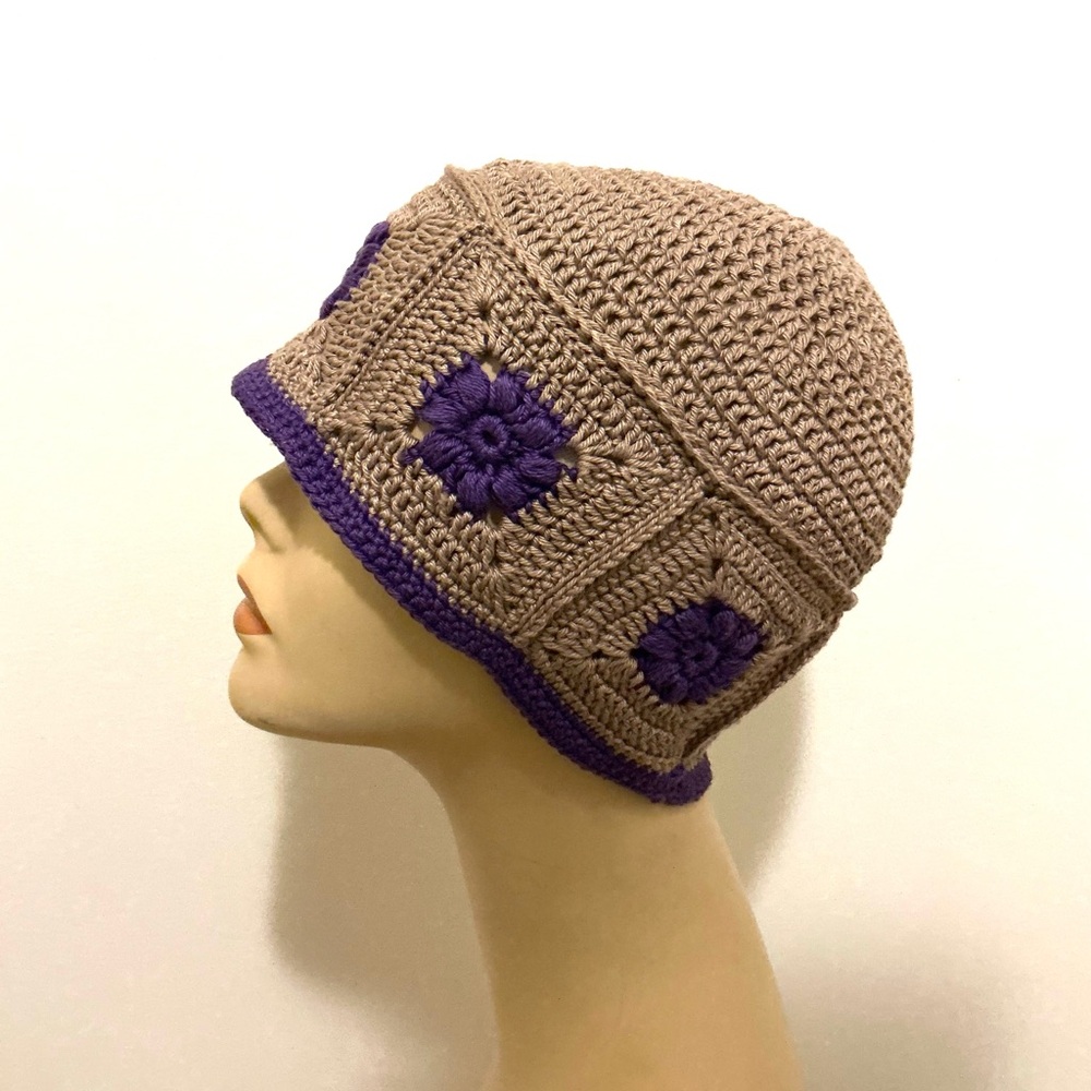 Textured Tan and Purple Knit Beanie